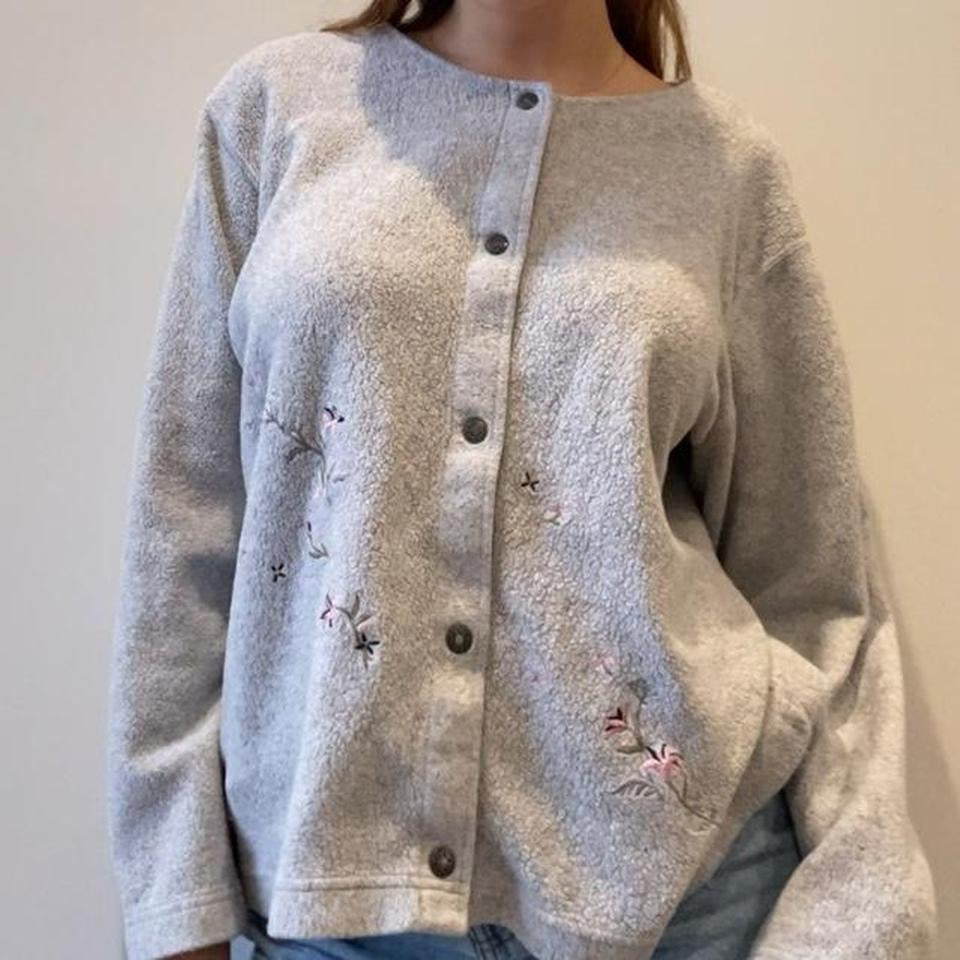 Grey Button Sweater with Flower Embroidery