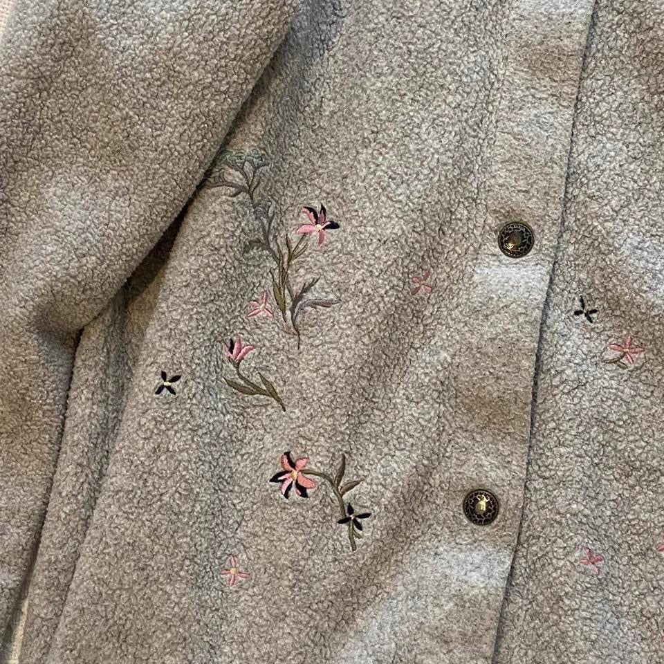 Grey Button Sweater with Flower Embroidery