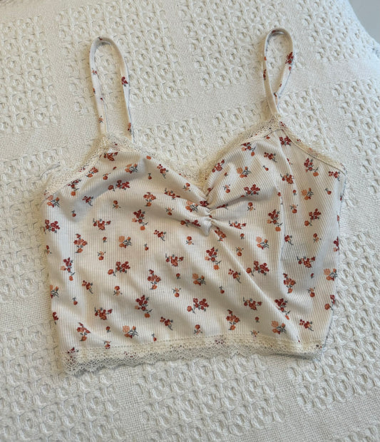 White Floral Crop Top with Lace