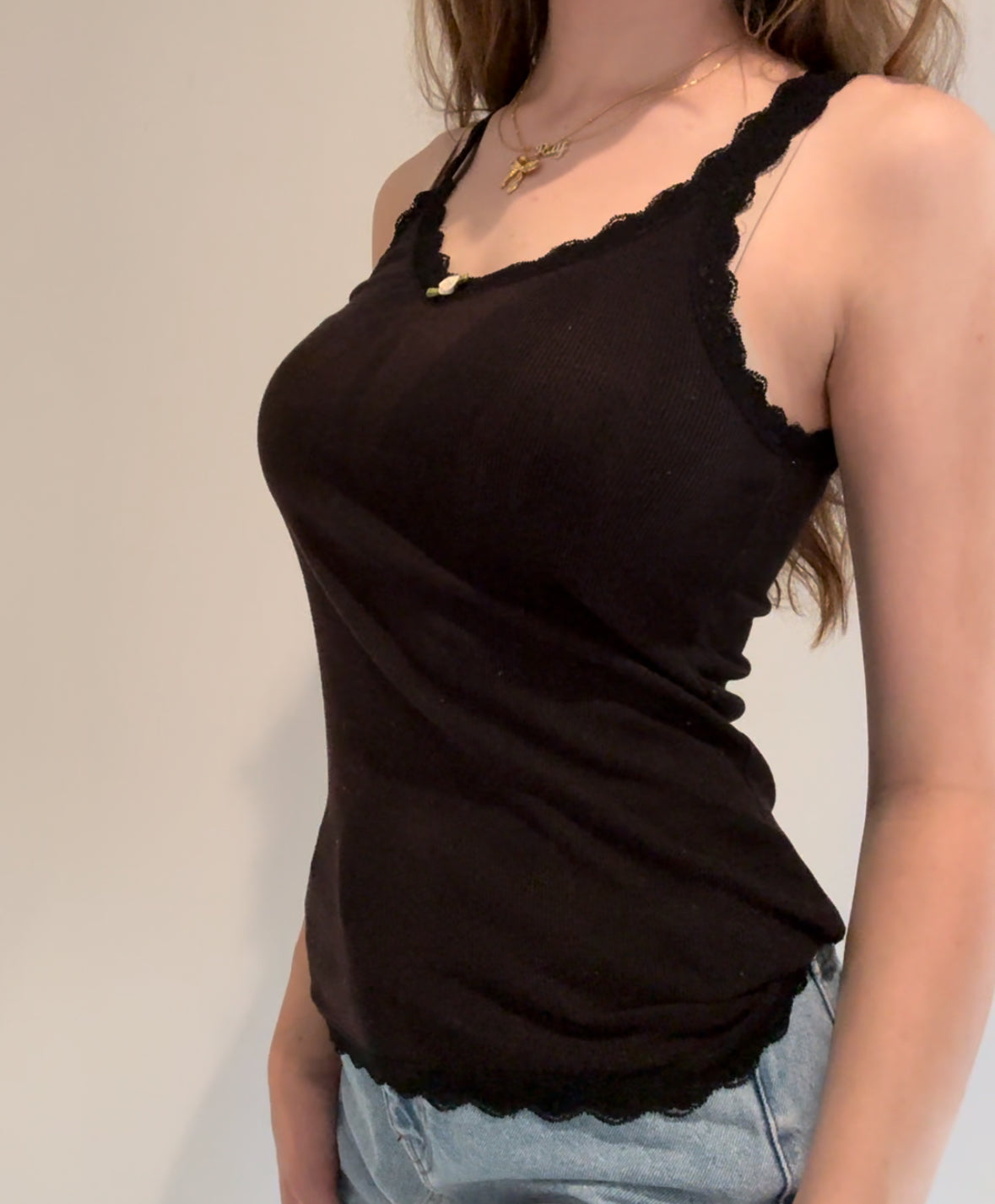 Dark Brown Tank Top with Lace and Flower