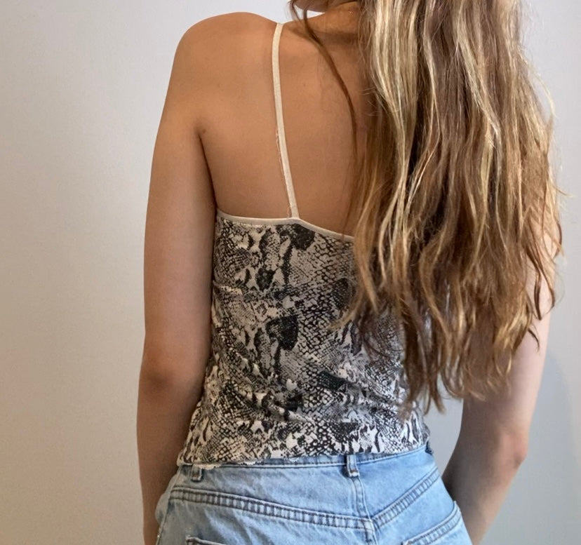 Black and White Cami with Lace, Unique Design, and Light Pink Flower