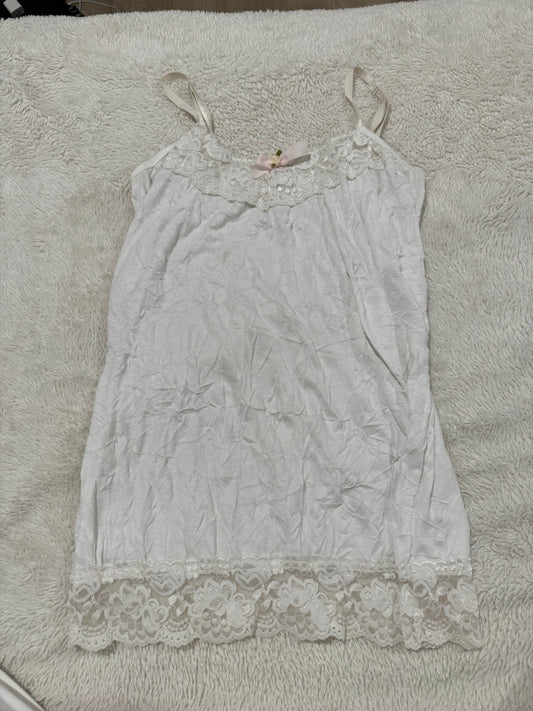 White Lace Cami with Pink Ribbon and Flower