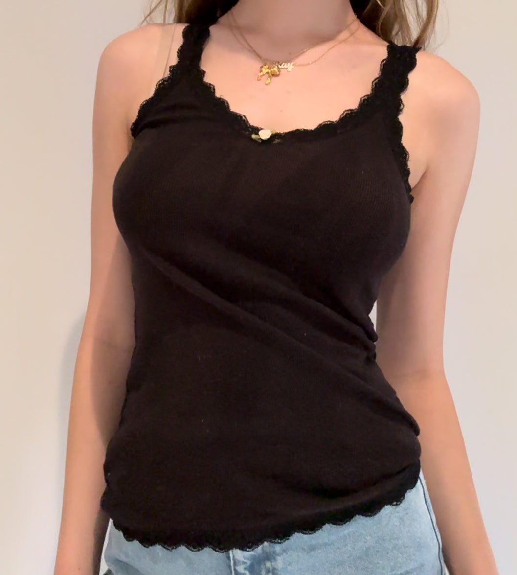 Dark Brown Tank Top with Lace and Flower