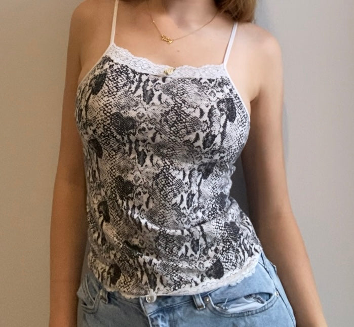 Black and White Cami with Lace, Unique Design, and Light Pink Flower