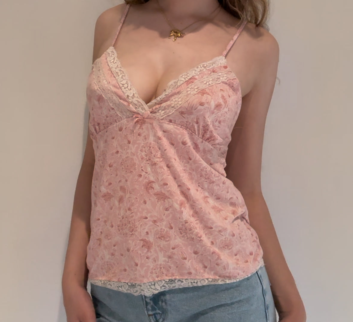 Pink Floral Cami with Lace and Pink Bow