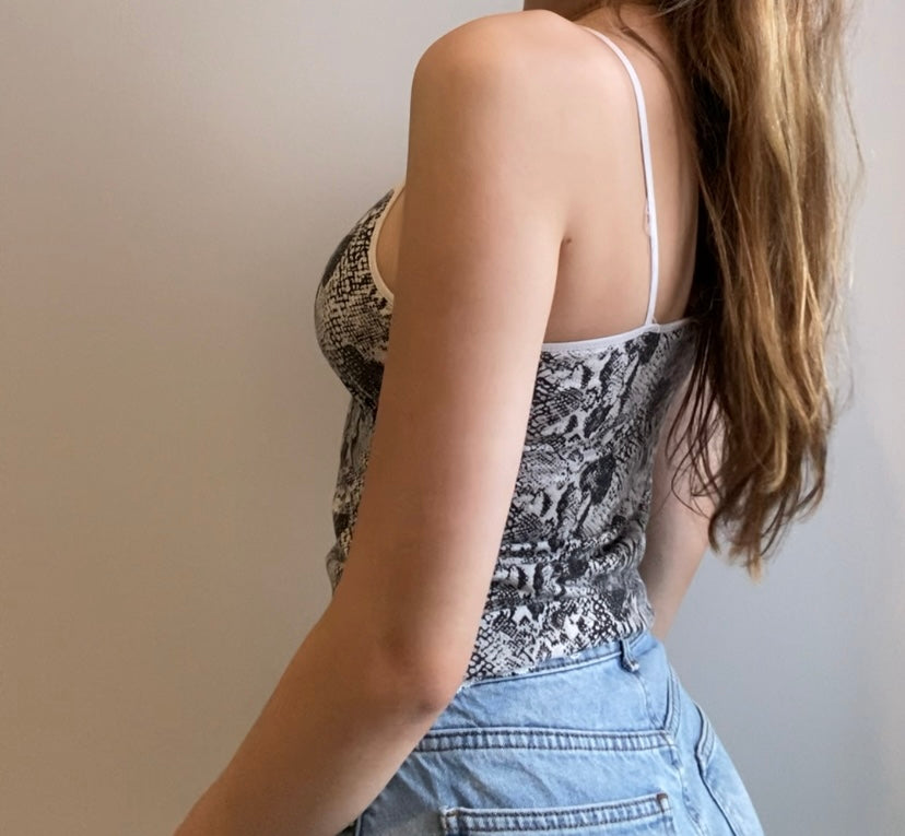 Black and White Cami with Lace, Unique Design, and Light Pink Flower