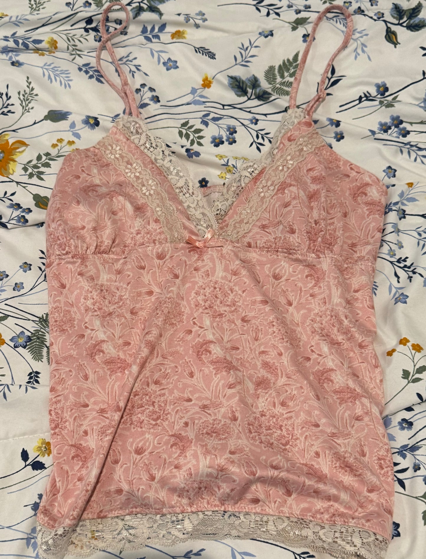 Pink Floral Cami with Lace and Pink Bow