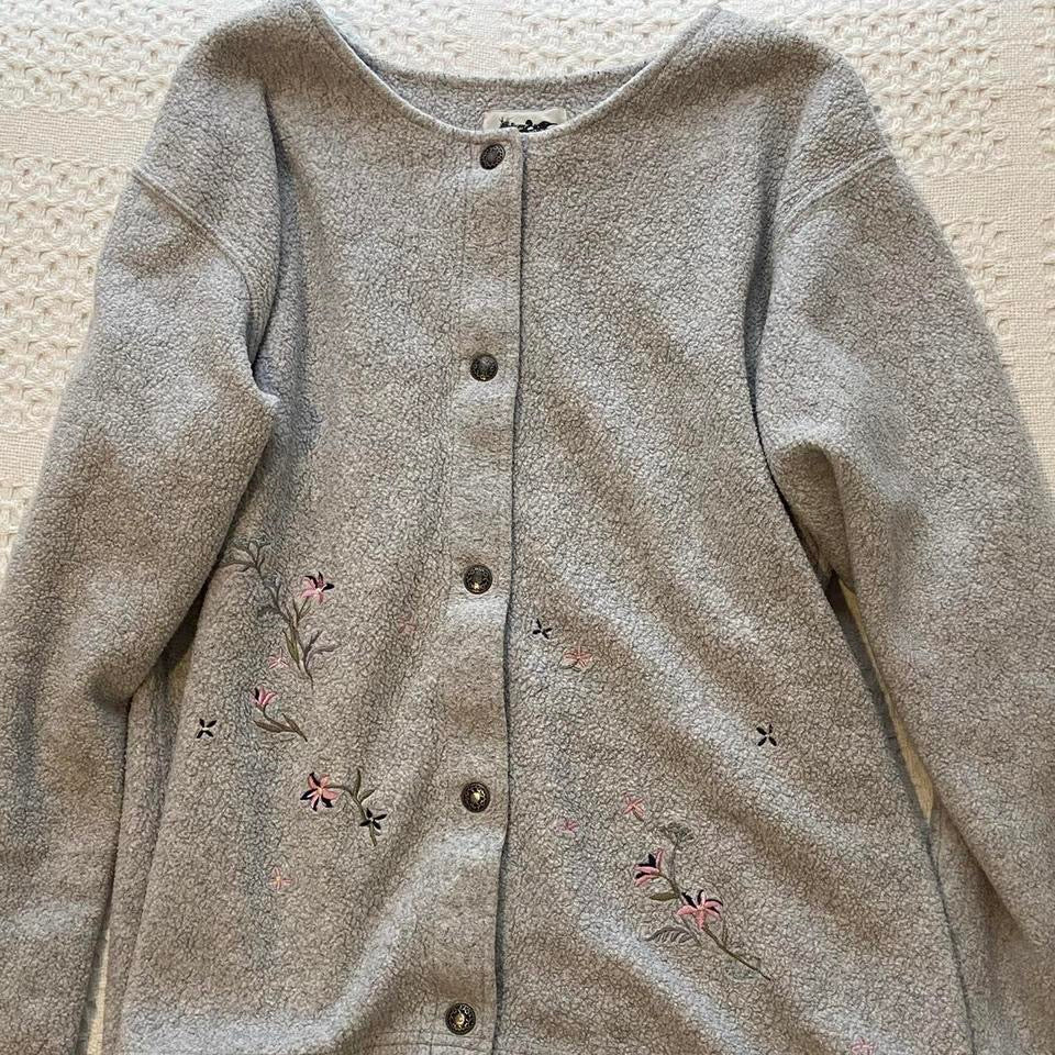 Grey Button Sweater with Flower Embroidery