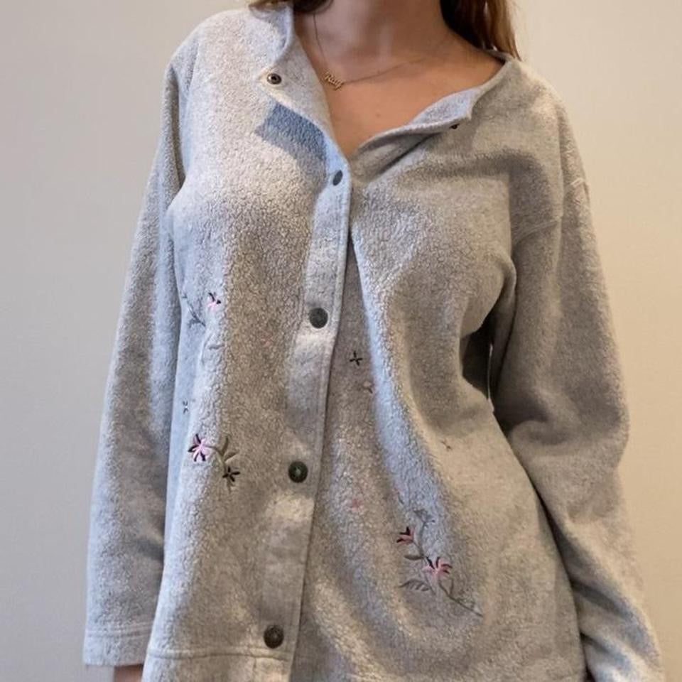 Grey Button Sweater with Flower Embroidery